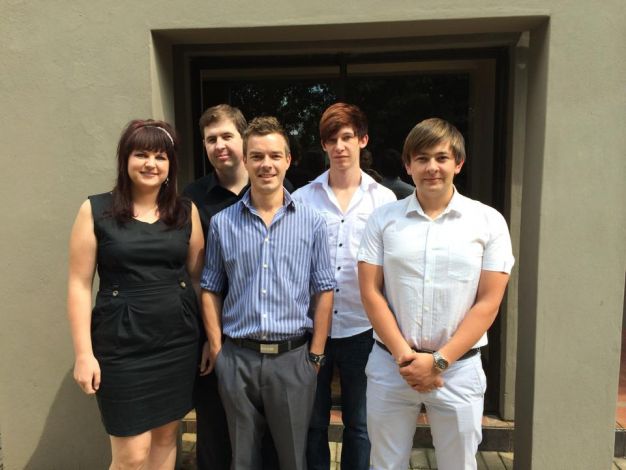 From left to right front: Marietha du Plessis, Antonie Potgieter and Eugene Burger. Back: Danie Flemming and Rohan Jansen van Vuuren